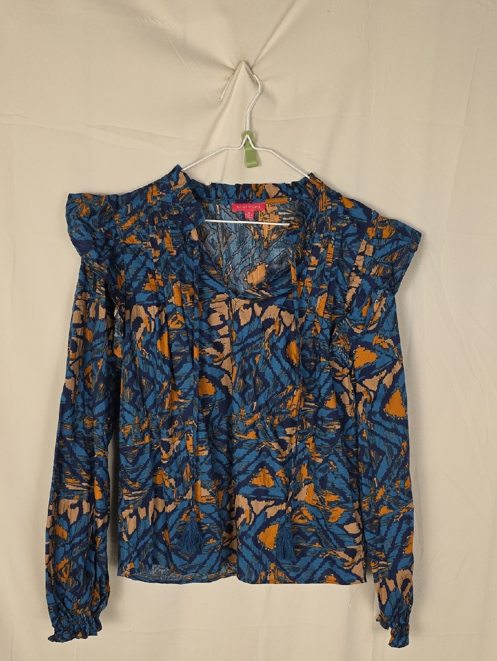 Printed Ruffle-Shoulder Blouse in Blue and Mustard - Womens Top